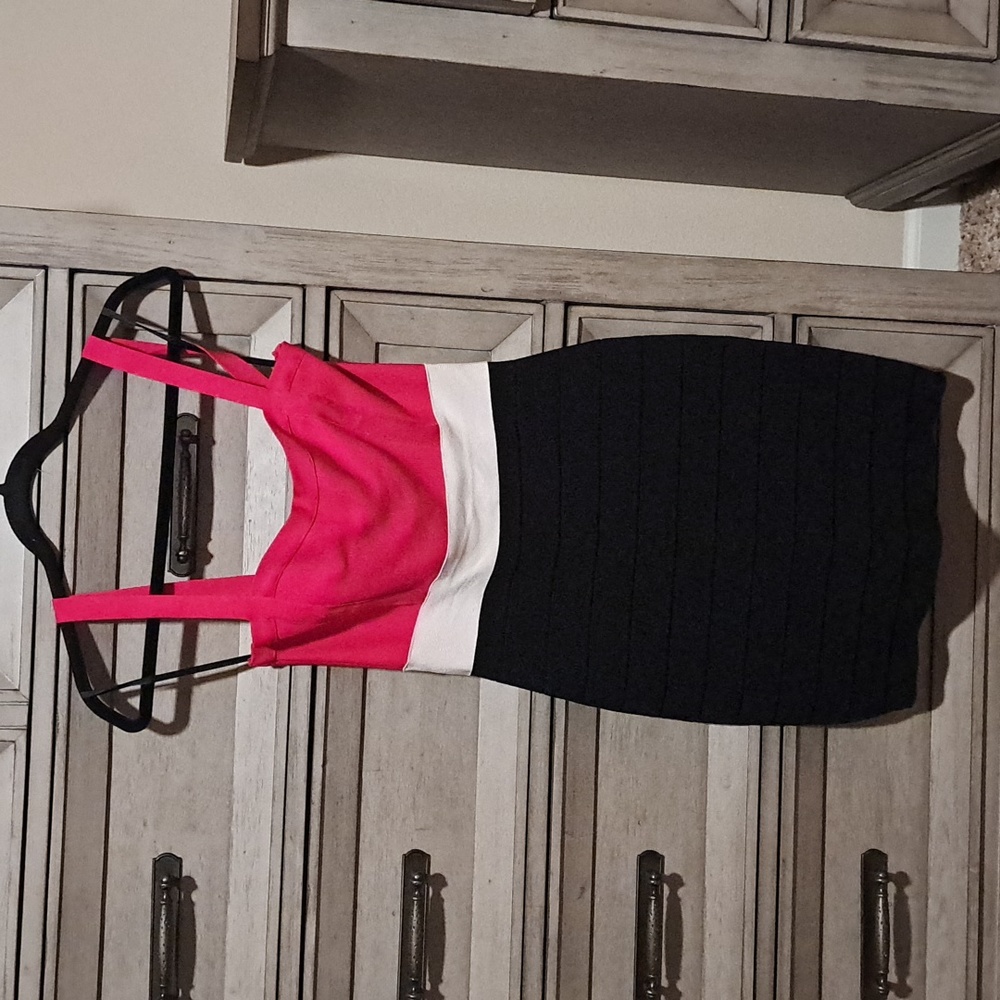 Bebe hot pink, white, black dress